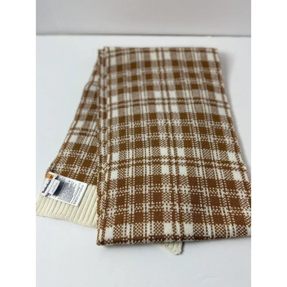 Timberland Scarf Houndstooth Plaid Knit Cozy‎ Logo Checker Tan Cream Fall Winter